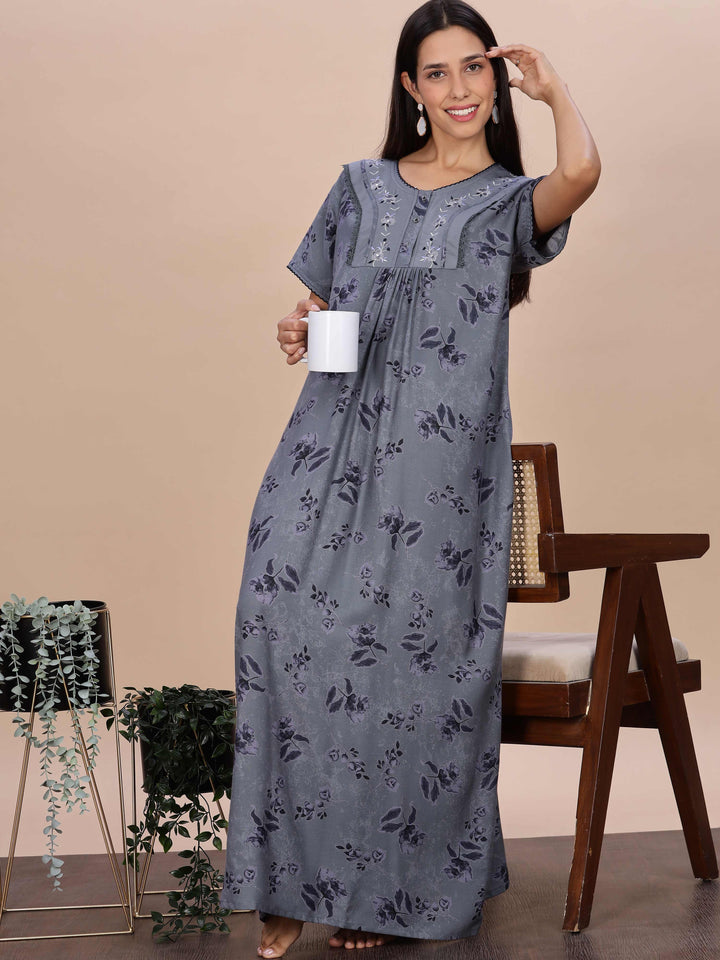Floral Print Grey Alpine Nighty for Women