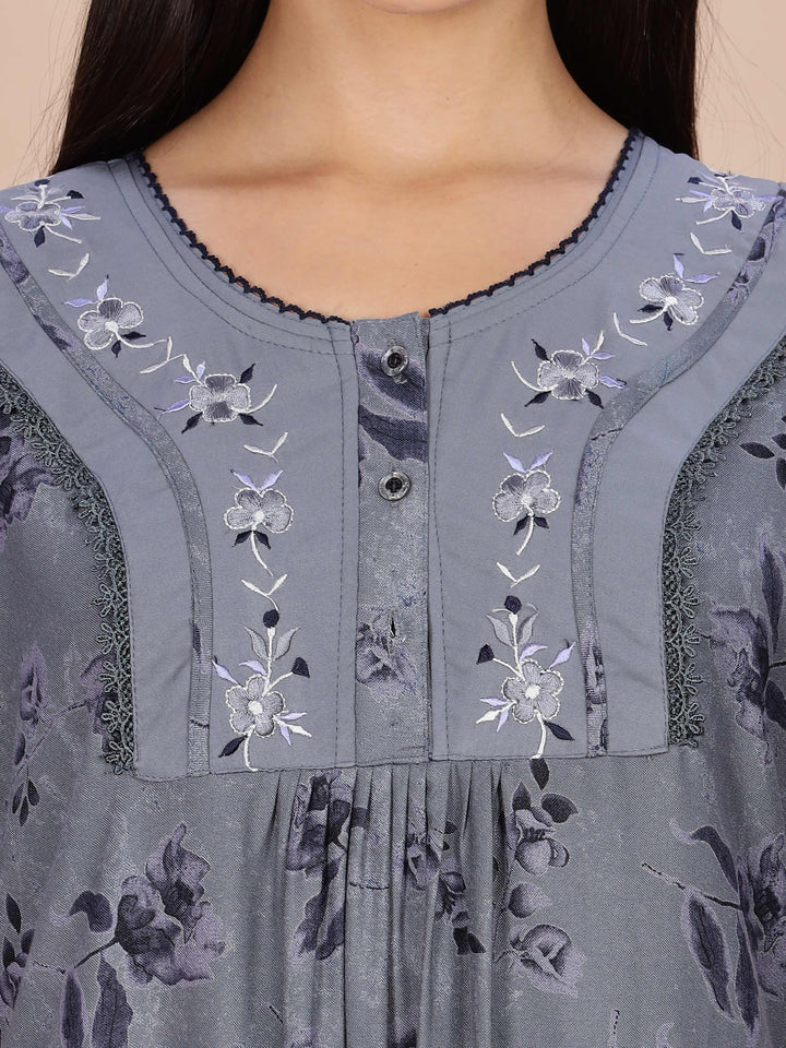 Floral Print Grey Alpine Nighty for Women