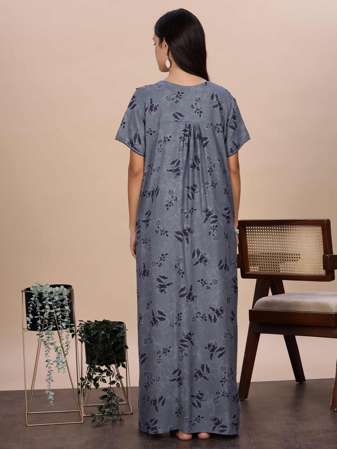 Floral Print Grey Alpine Nighty for Women