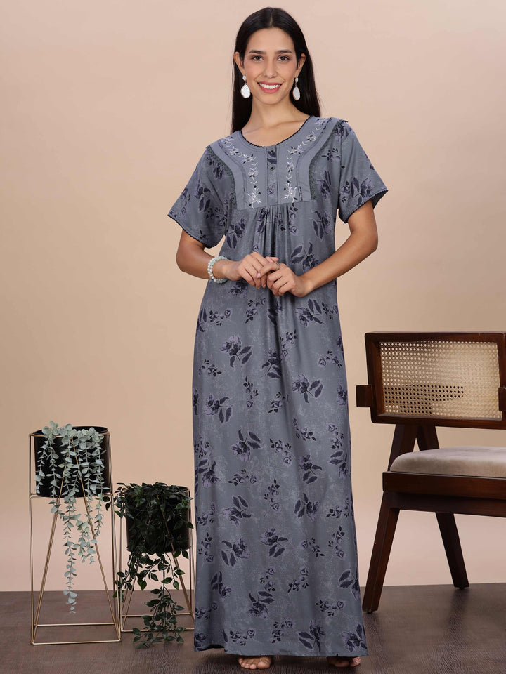 Floral Print Grey Alpine Nighty for Women