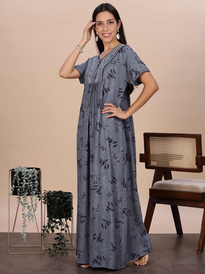 Floral Print Grey Alpine Nighty for Women