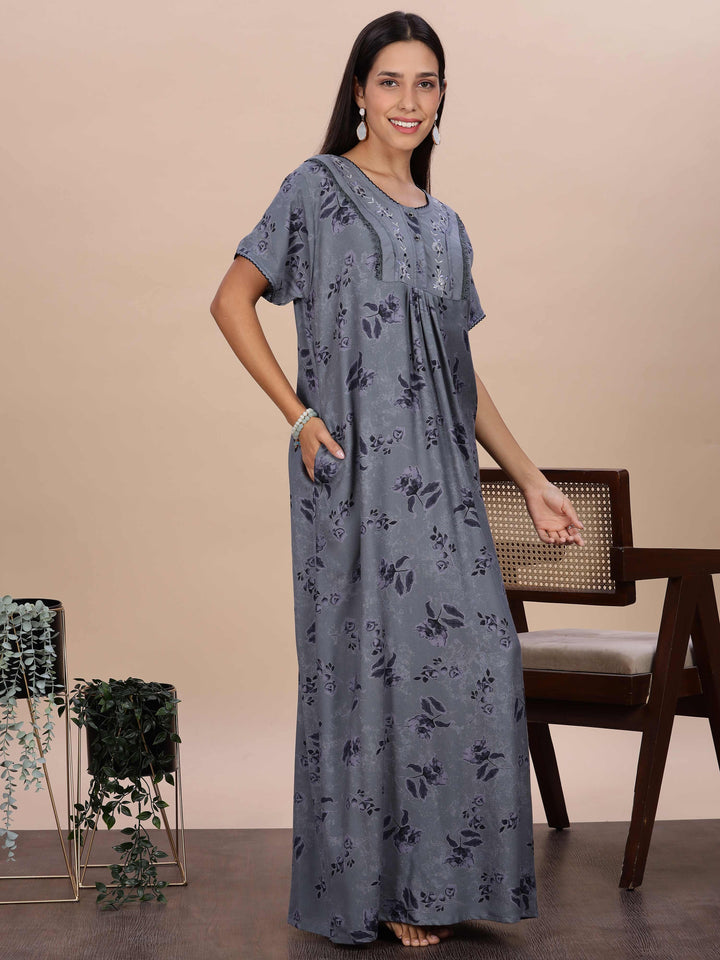Floral Print Grey Alpine Nighty for Women