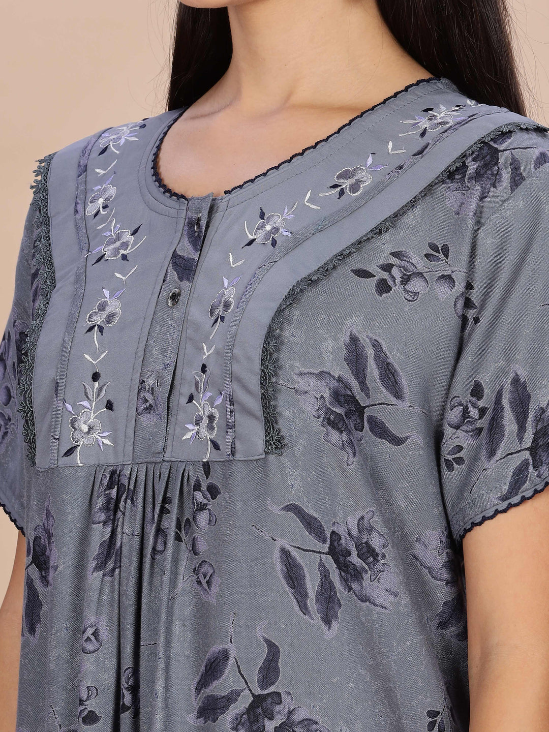 Floral Print Grey Alpine Nighty for Women