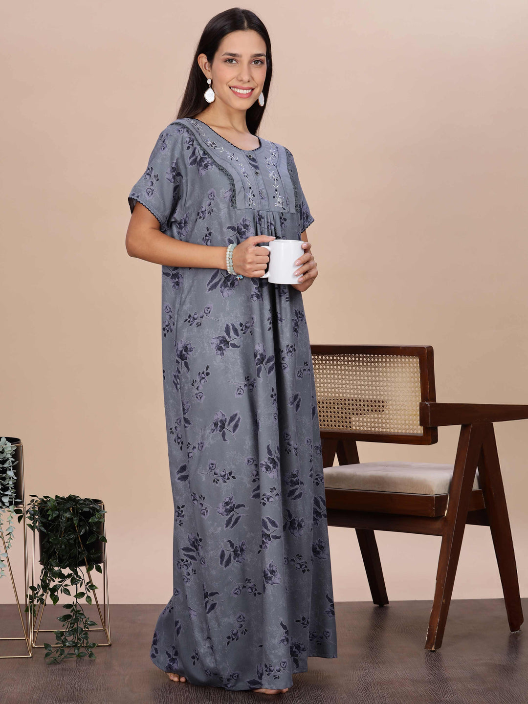 Floral Print Grey Alpine Nighty for Women