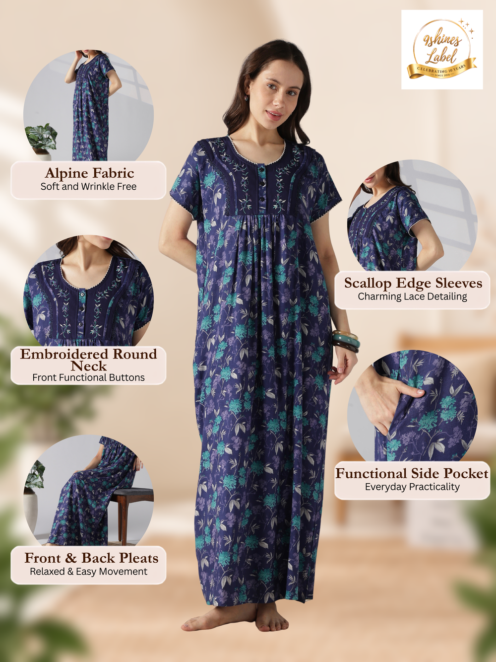Floral alpine nighty for women with pocket and buttons