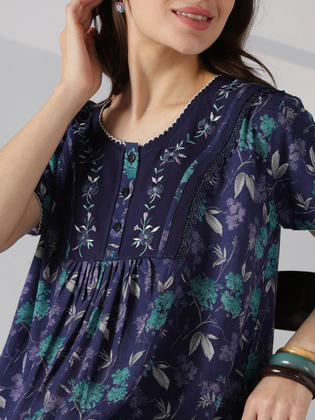 Floral alpine nighty for women with pocket and buttons