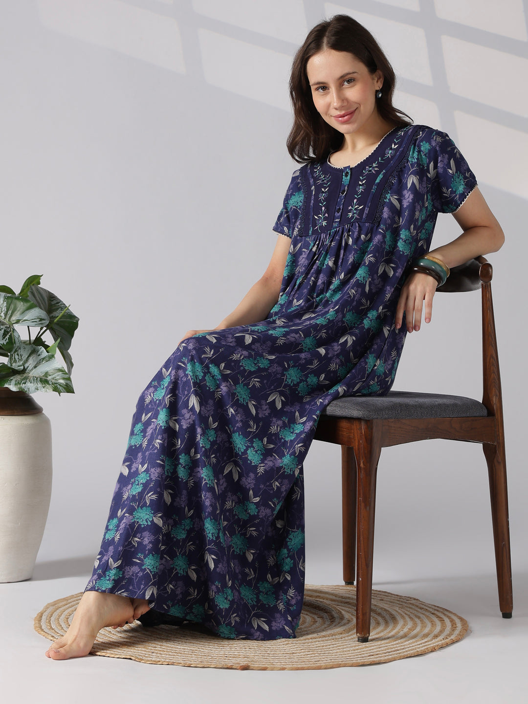 Floral alpine nighty for women with pocket and buttons