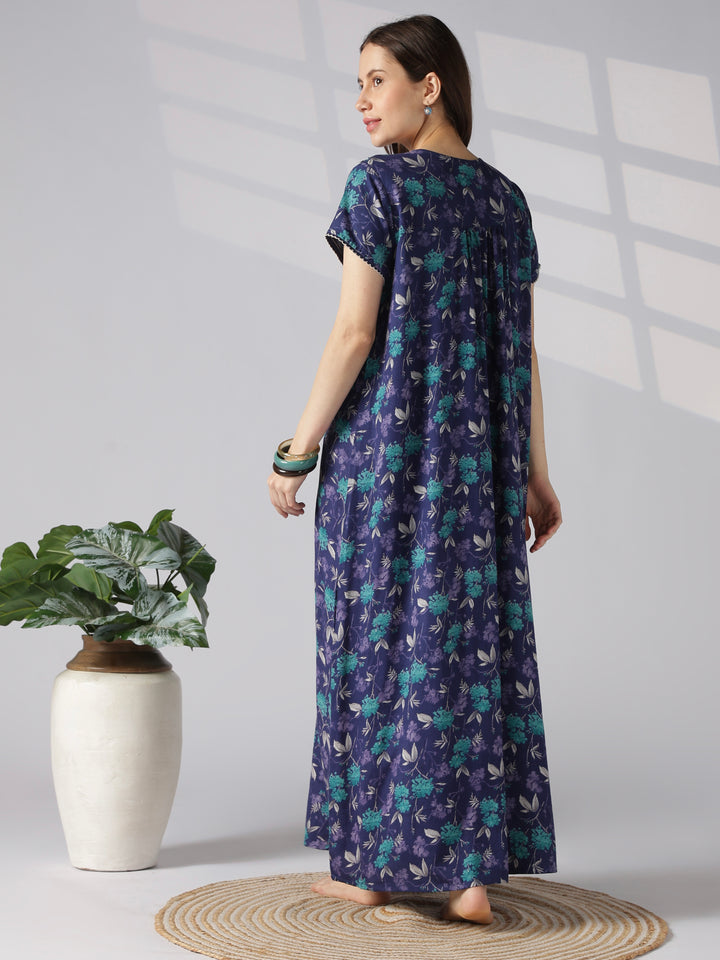 Floral alpine nighty for women with pocket and buttons