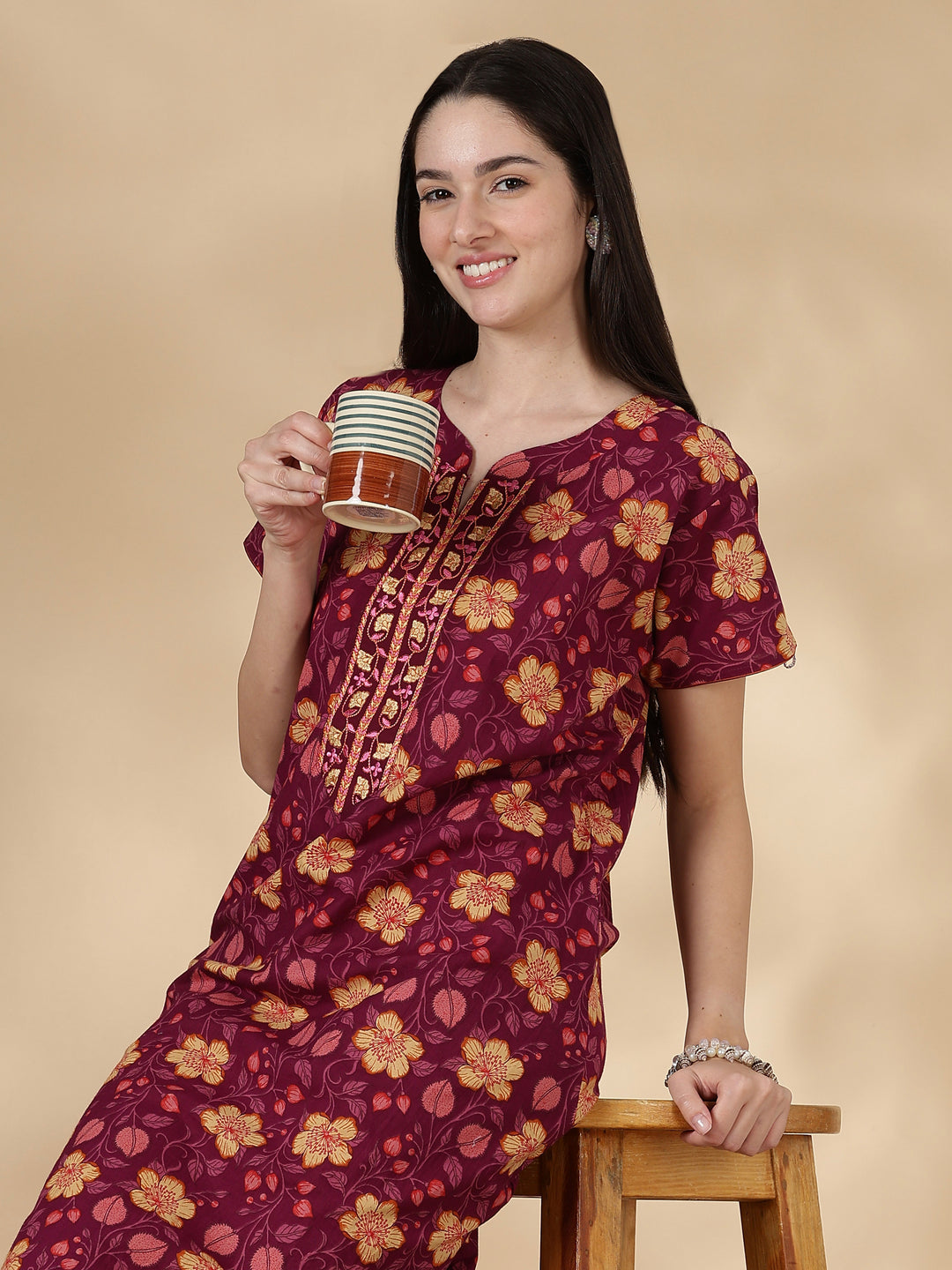 Floral print good quality pure cotton nighty for women