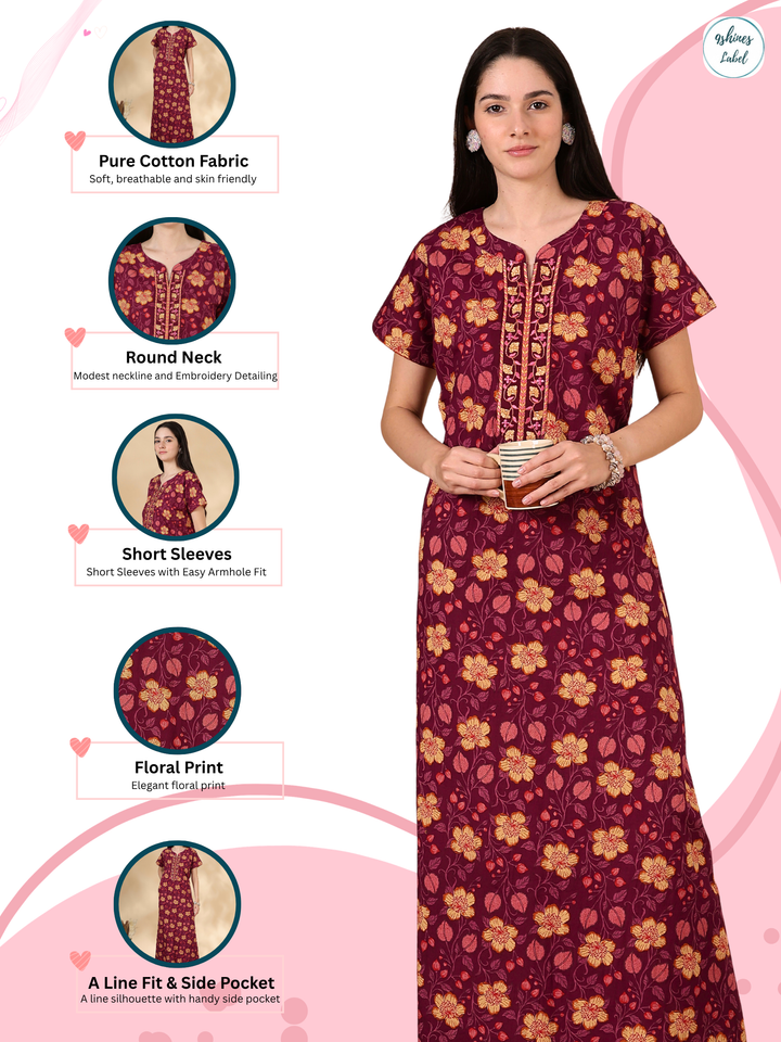 Floral print good quality pure cotton nighty for women