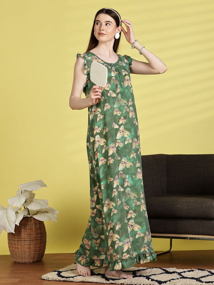 Rayon Flower Green Sleeveless Nighty for Women