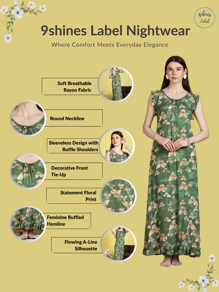 Rayon Flower Green Sleeveless Nighty for Women