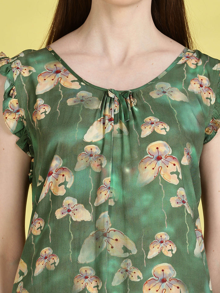 Rayon Flower Green Sleeveless Nighty for Women