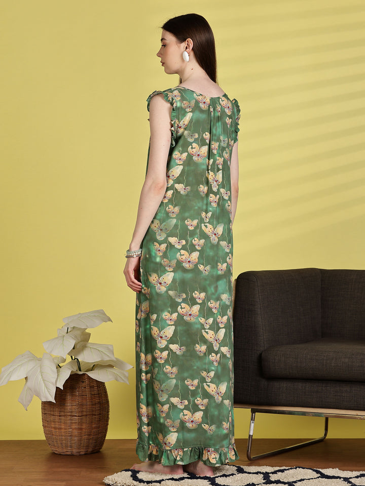 Rayon Flower Green Sleeveless Nighty for Women