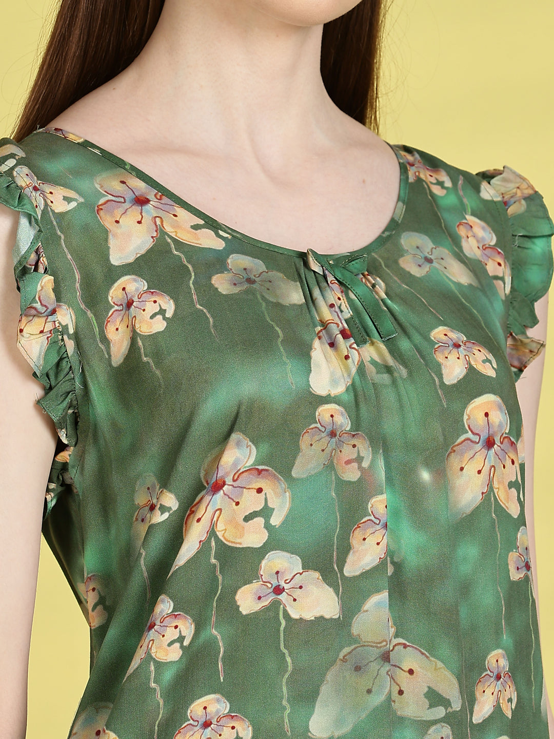 Rayon Flower Green Sleeveless Nighty for Women