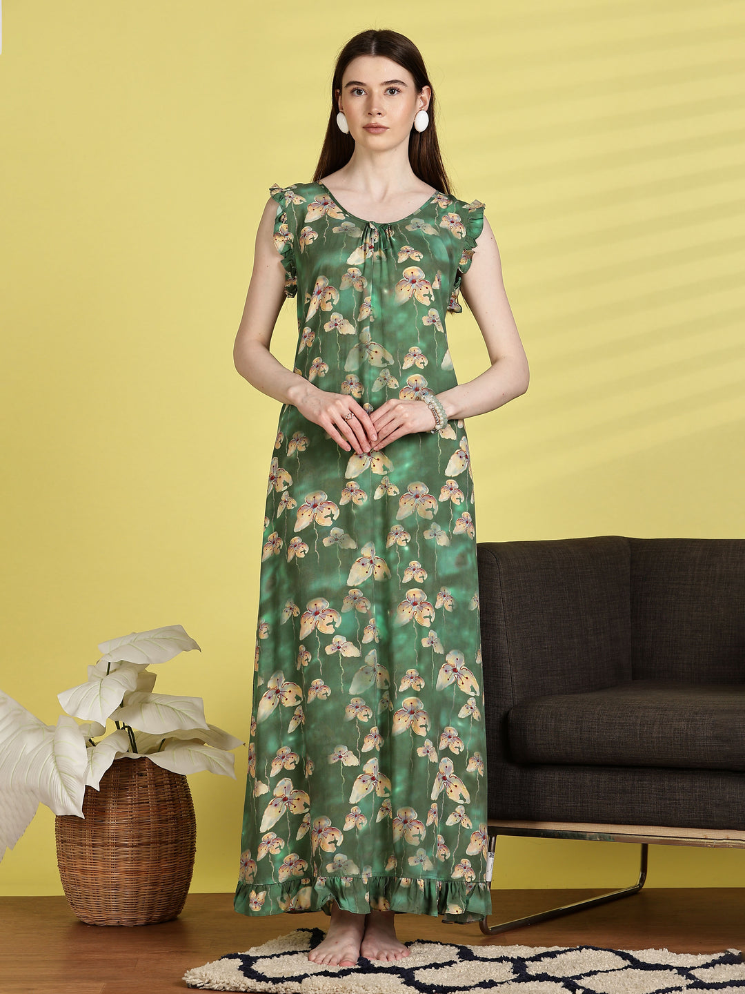 Rayon Flower Green Sleeveless Nighty for Women
