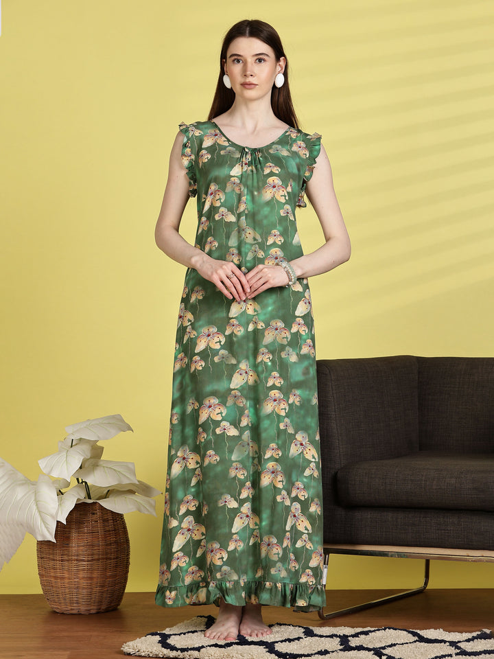 Rayon Flower Green Sleeveless Nighty for Women