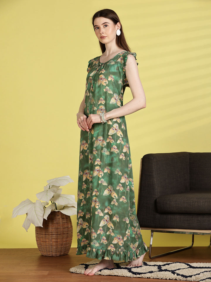 Rayon Flower Green Sleeveless Nighty for Women
