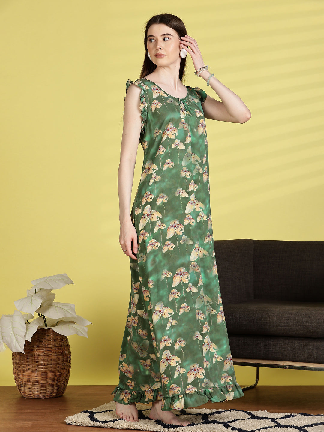 Rayon Flower Green Sleeveless Nighty for Women