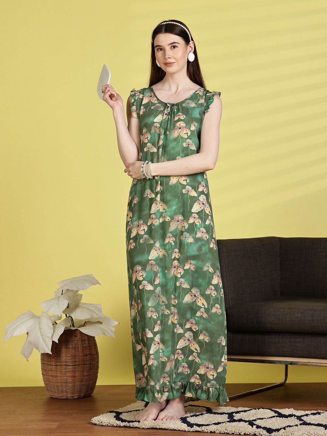 Rayon Flower Green Sleeveless Nighty for Women