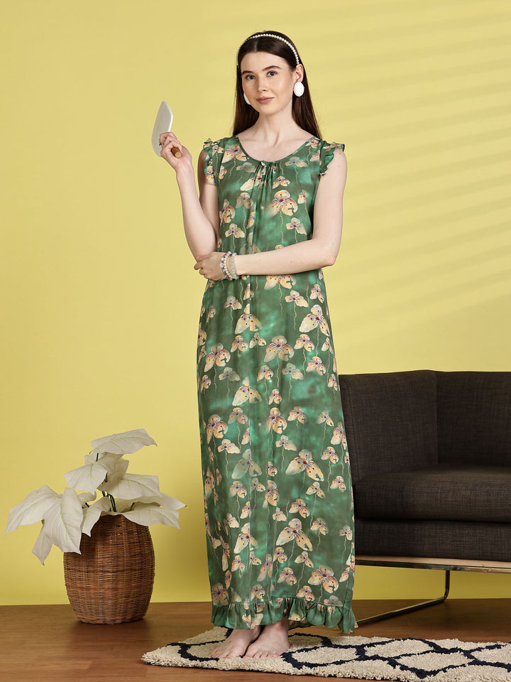 Rayon Flower Green Sleeveless Nighty for Women