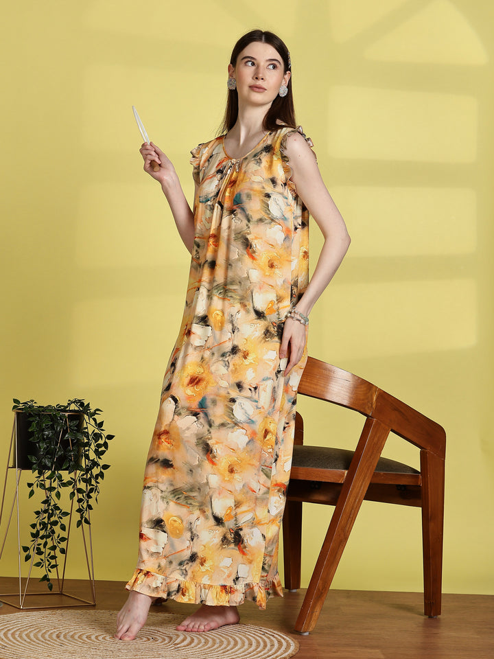 Rayon Floral Flower Yellow Sleeveless Nightdress