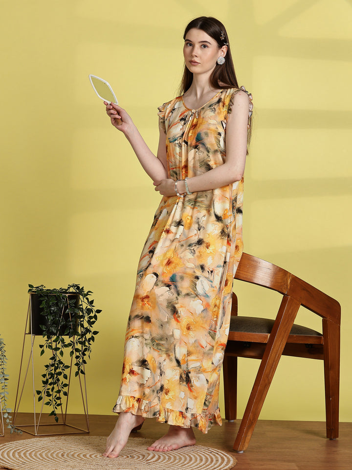 Rayon Floral Flower Yellow Sleeveless Nightdress