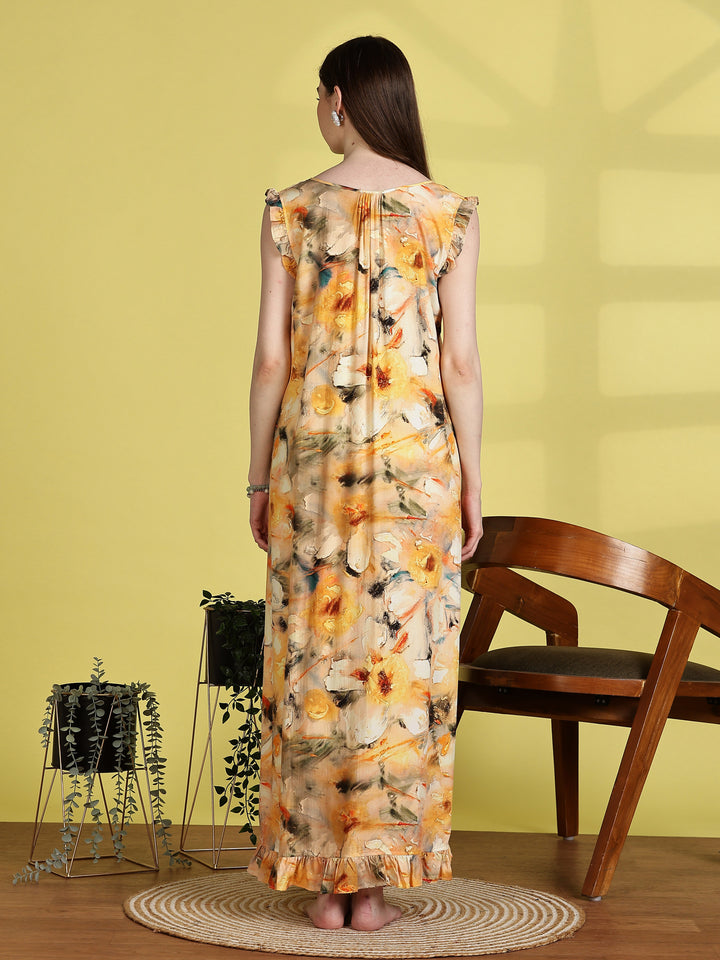 Rayon Floral Flower Yellow Sleeveless Nightdress