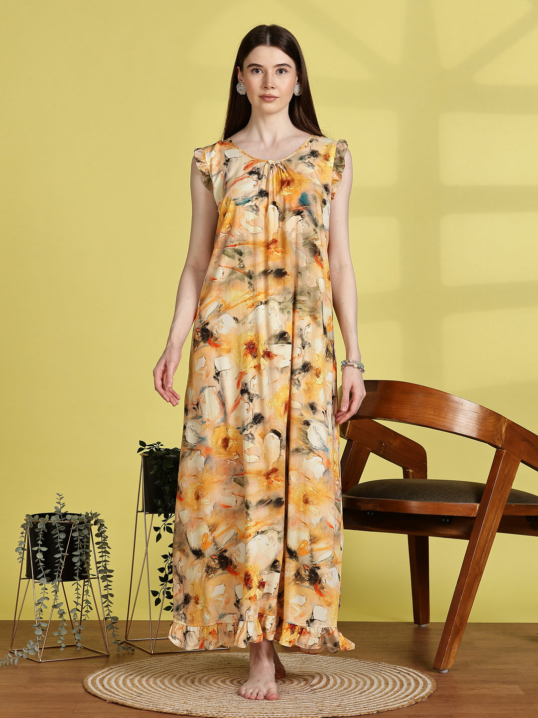 Rayon Floral Flower Yellow Sleeveless Nightdress