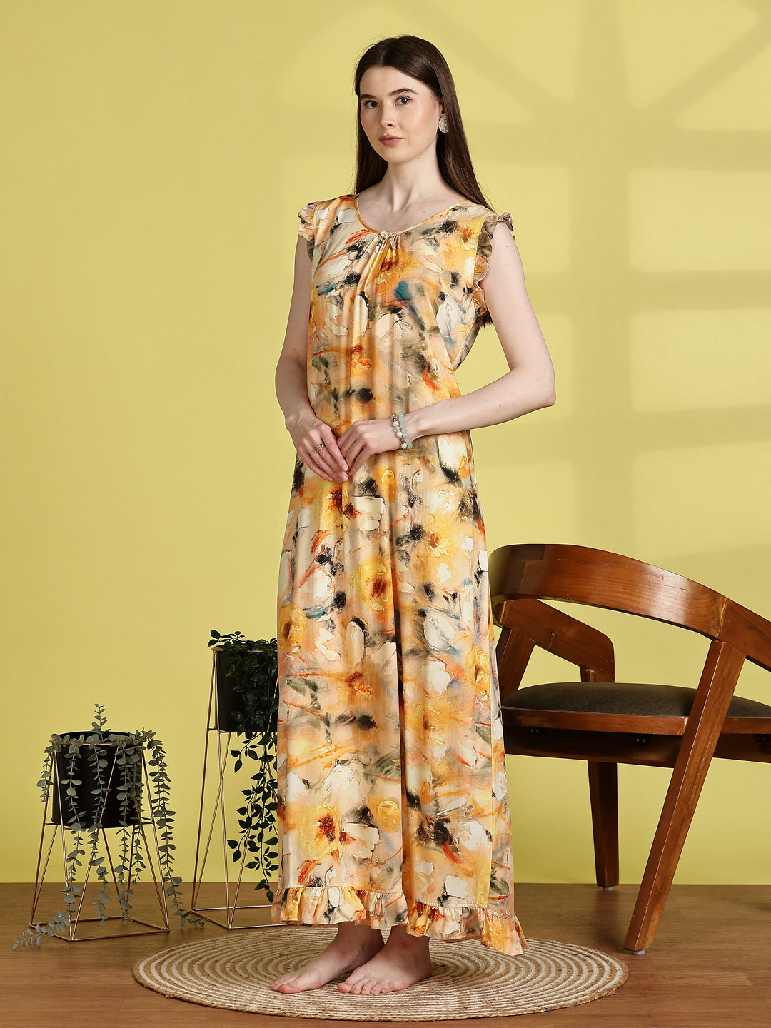 Rayon Floral Flower Yellow Sleeveless Nightdress
