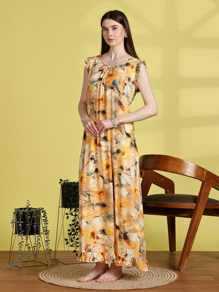 Rayon Floral Flower Yellow Sleeveless Nightdress