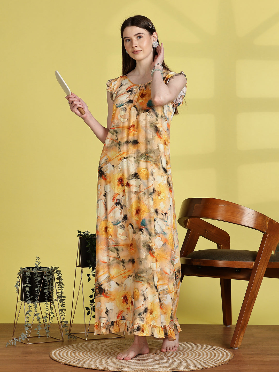Rayon Floral Flower Yellow Sleeveless Nightdress