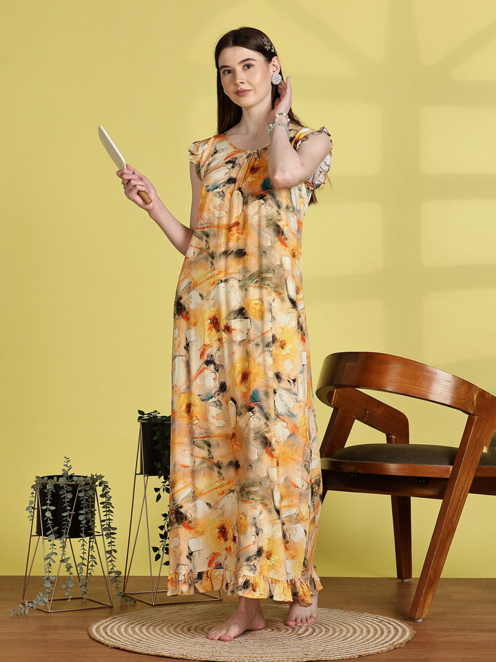 Rayon Floral Flower Yellow Sleeveless Nightdress