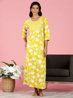 Sunshine Yellow Jaipuri Cotton Nighty Floral Embroidery