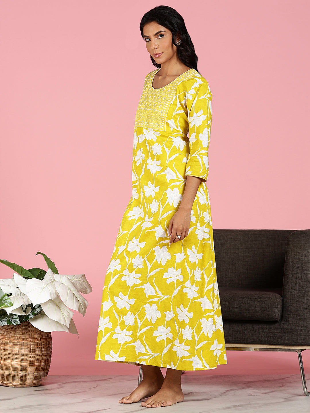 Branded Sunshine Yellow Jaipuri Cotton Nighty for Women