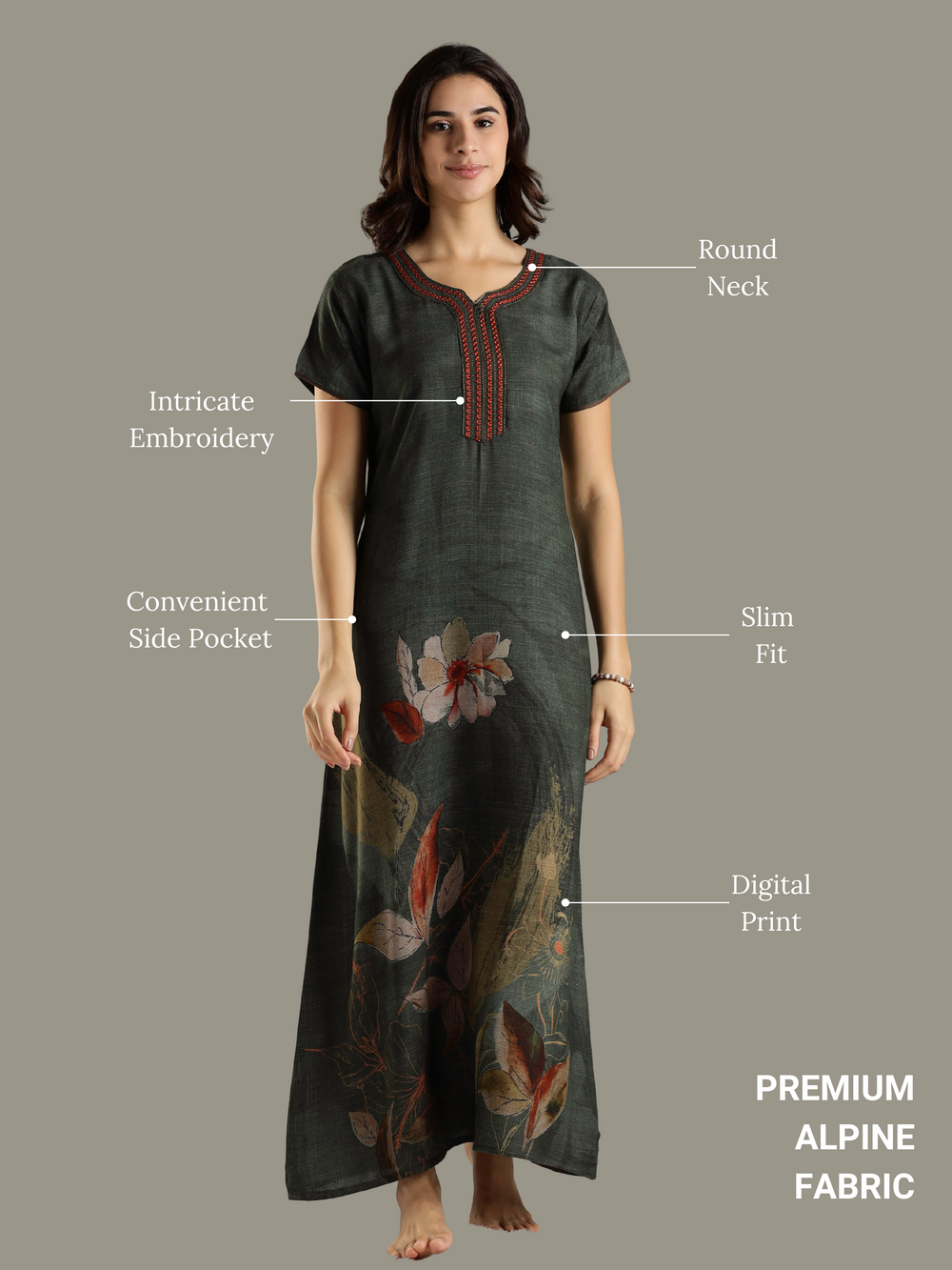 Forest Green Alpine Nighty For Women with Pocket