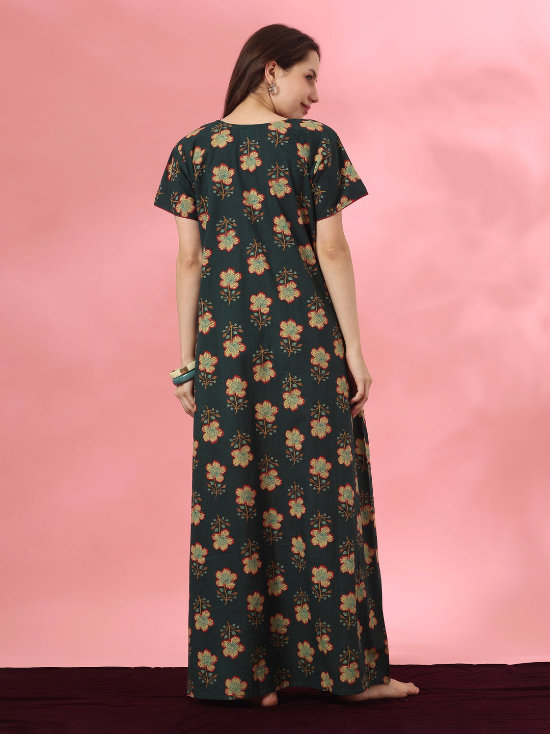 Pure Cotton Floral A Line Nighty with Kantha Embroidery in Mahek Forest