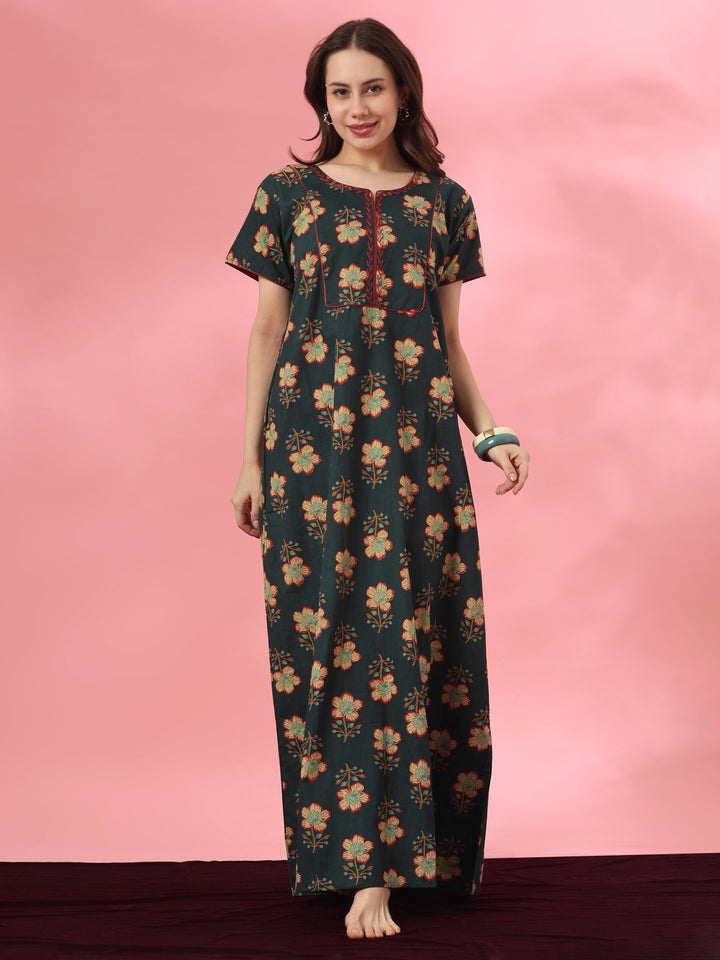 Pure Cotton Floral A Line Nighty with Kantha Embroidery in Mahek Forest