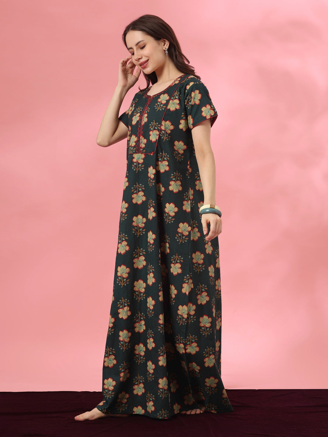 Pure Cotton Floral A Line Nighty with Kantha Embroidery in Mahek Forest