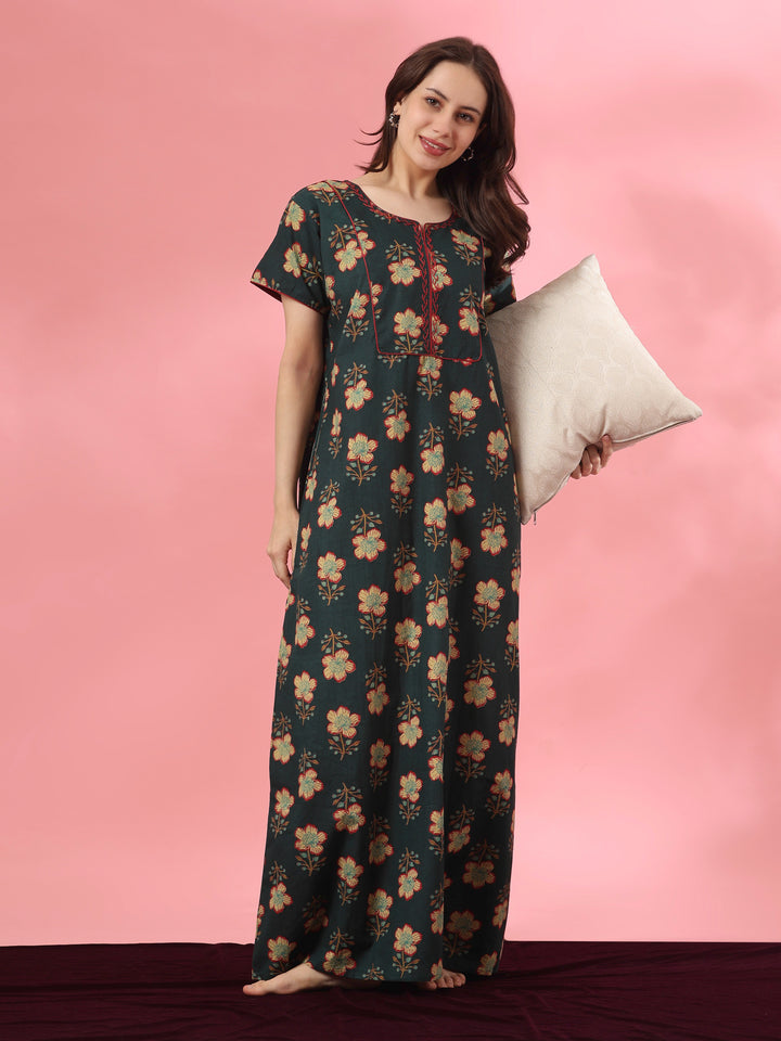 Pure Cotton Floral A Line Nighty with Kantha Embroidery in Mahek Forest
