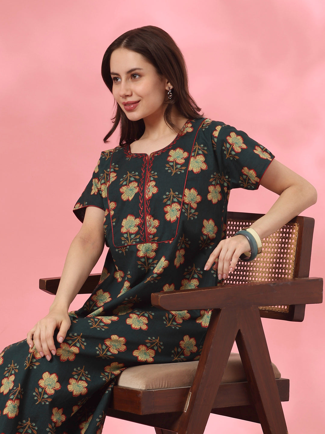 Pure Cotton Floral A Line Nighty with Kantha Embroidery in Mahek Forest
