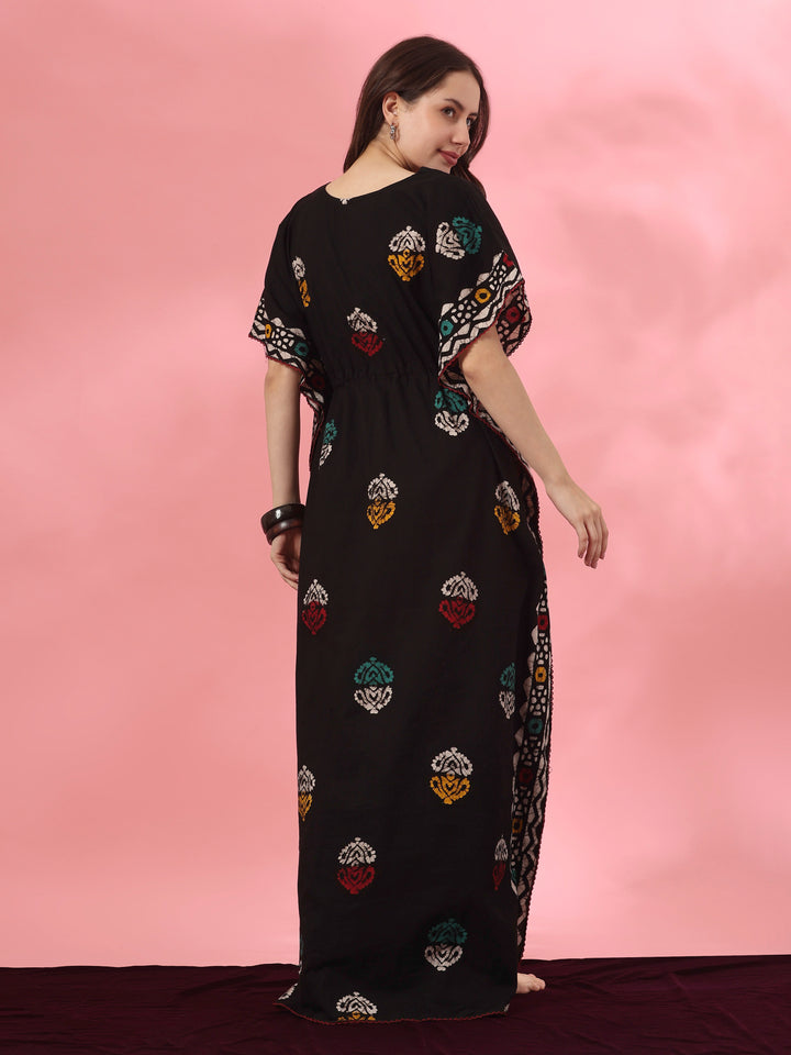 Black Motif Pure Cotton Kaftan with V Neck and Batwing Sleeves