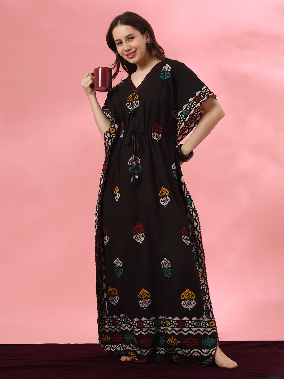 Black Motif Pure Cotton Kaftan with V Neck and Batwing Sleeves