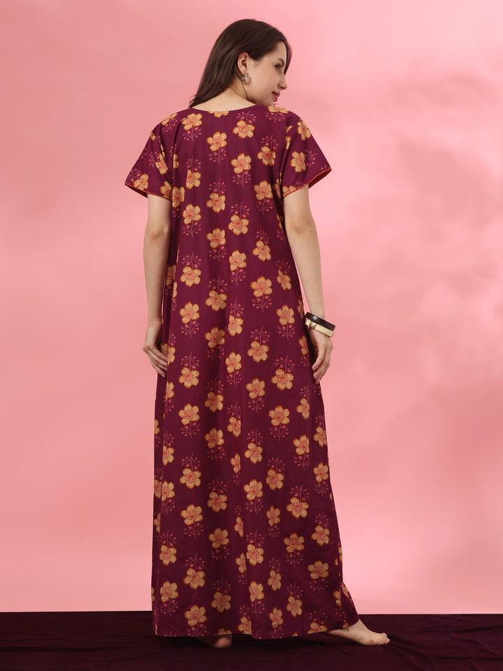 A-Line Pure Cotton Floral Nighty with Embroidered Neck in Mahek Purple