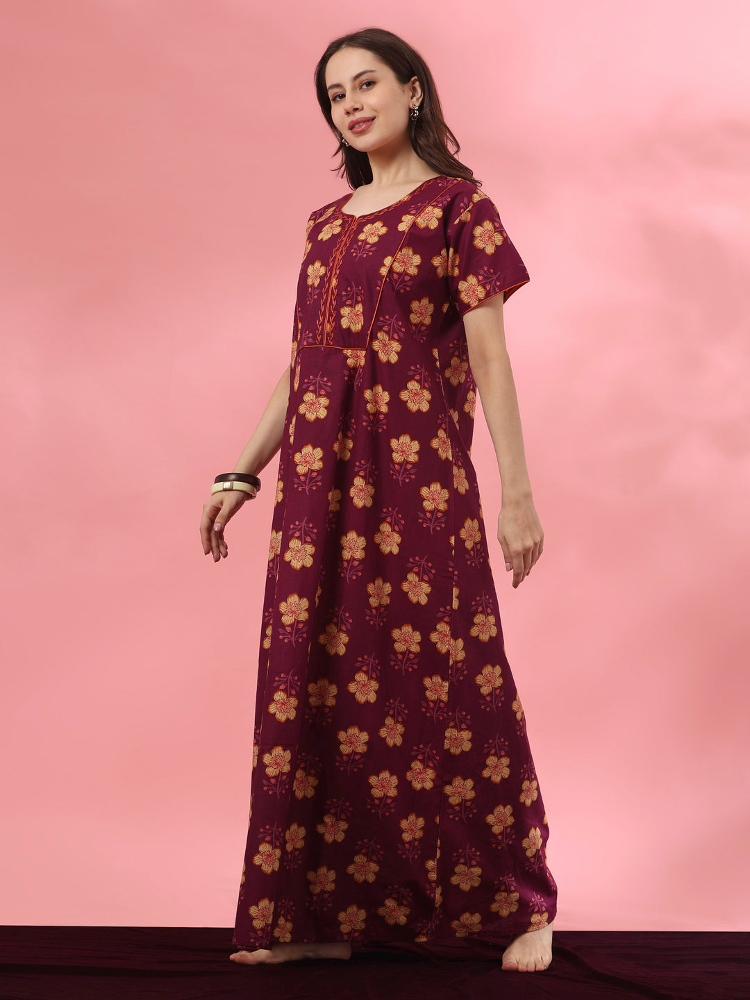 A-Line Pure Cotton Floral Nighty with Embroidered Neck in Mahek Purple