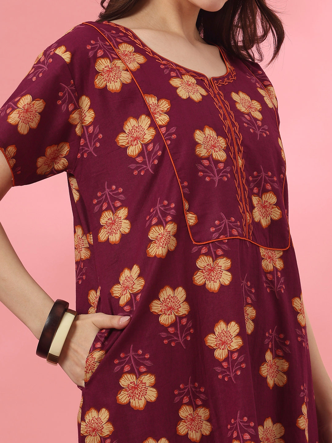A-Line Pure Cotton Floral Nighty with Embroidered Neck in Mahek Purple