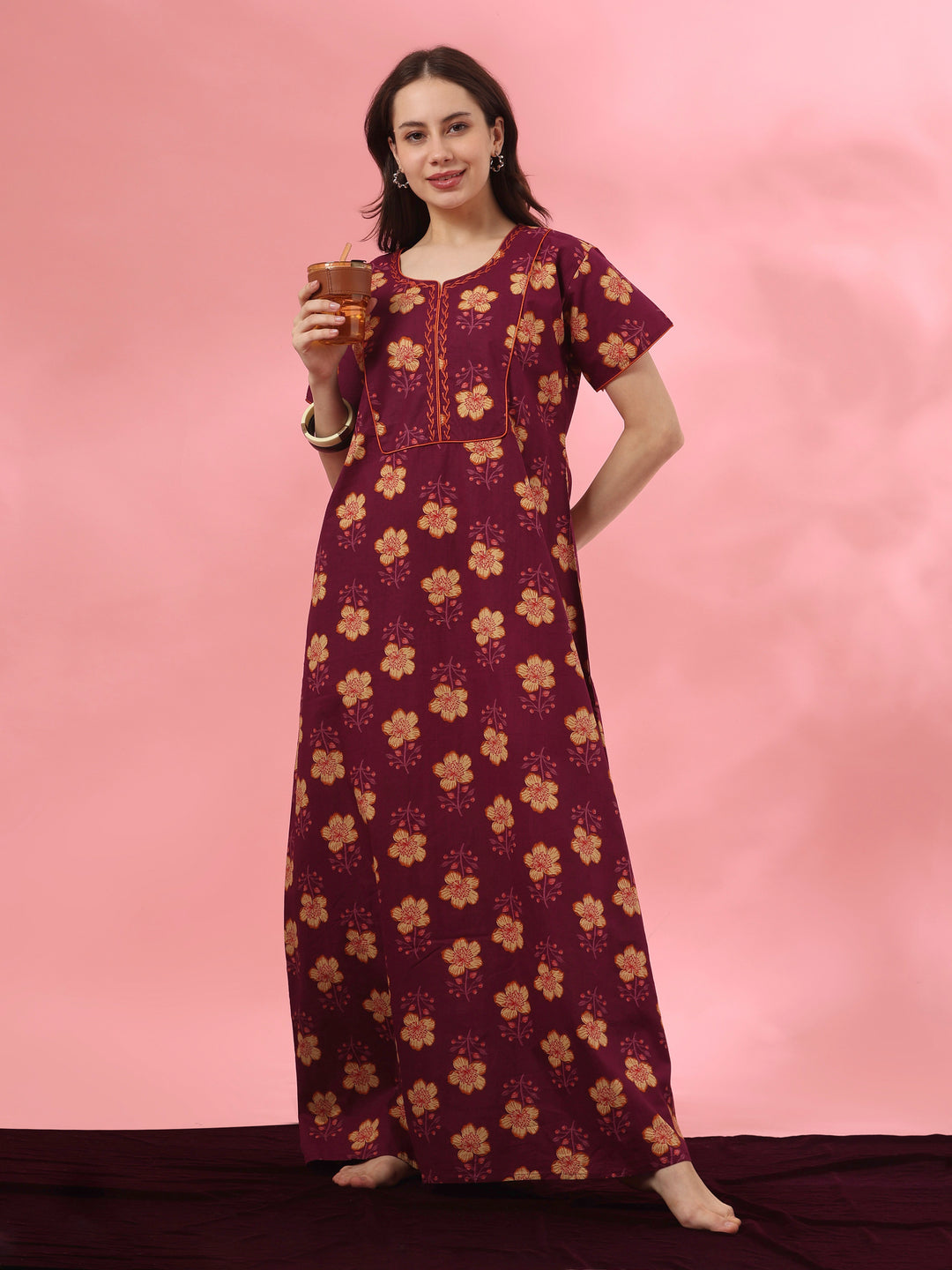 A-Line Pure Cotton Floral Nighty with Embroidered Neck in Mahek Purple