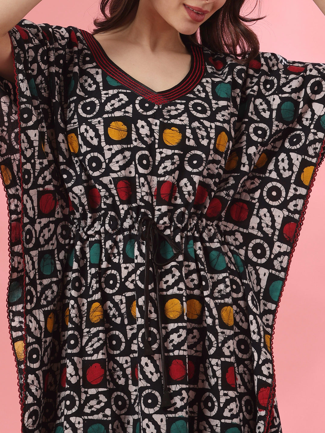 Batwing Sleeve Cotton Kaftan with Handcrafted Batik Design in Batik Round