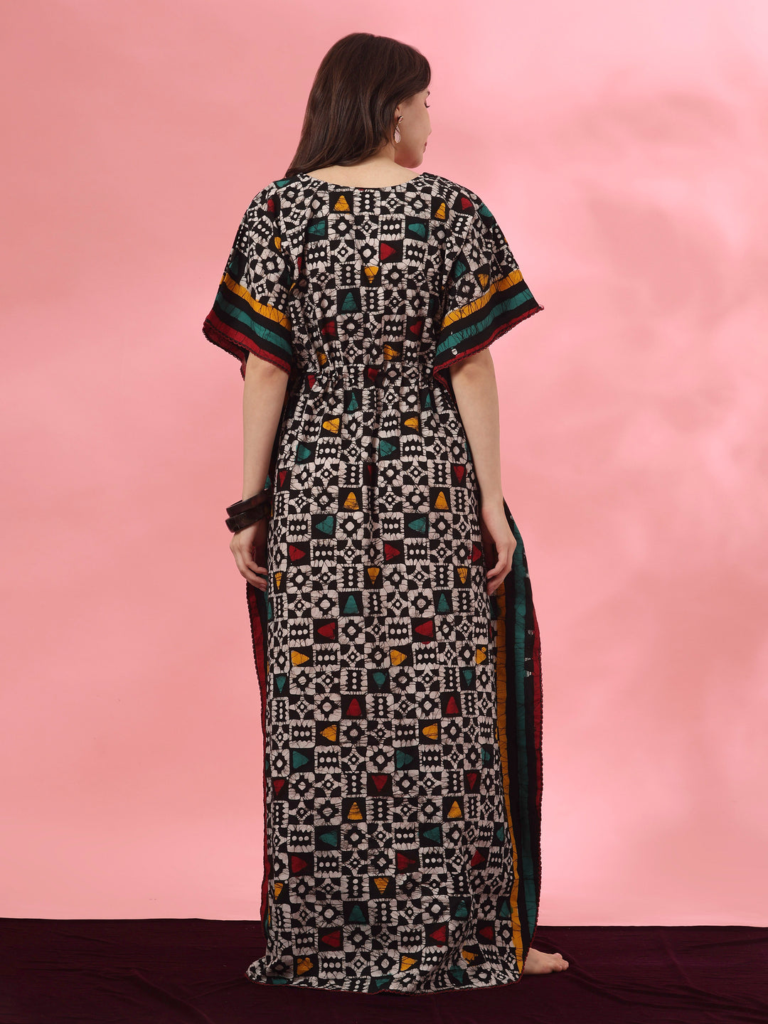 Hand Block Batik Cotton Kaftan with Adjustable Drawstring in Black Boho
