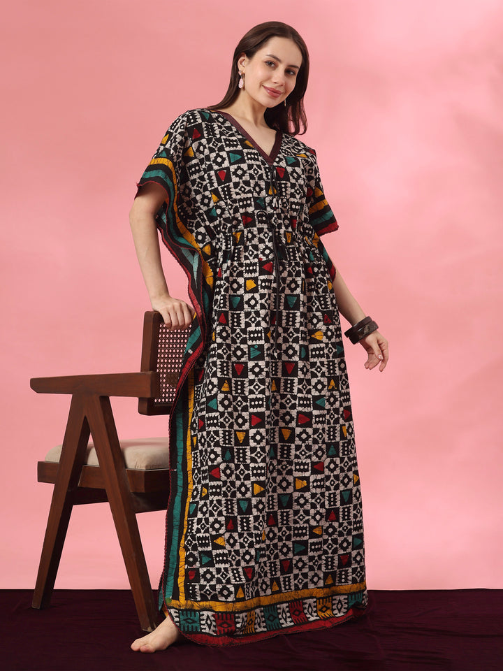Hand Block Batik Cotton Kaftan with Adjustable Drawstring in Black Boho